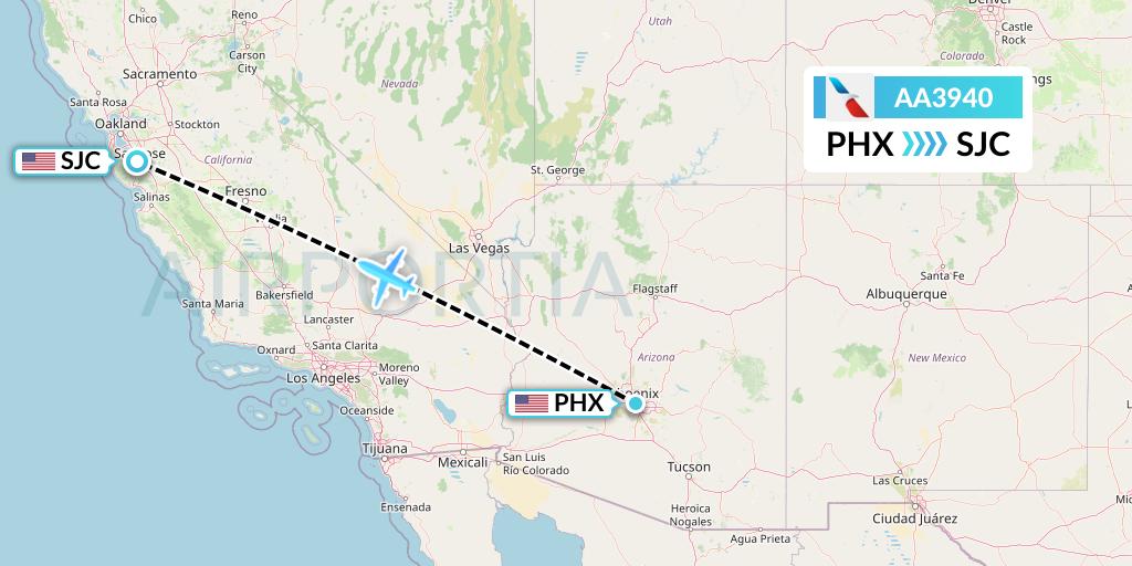 AA3940 American Airlines Flight Map: Phoenix to San Jose