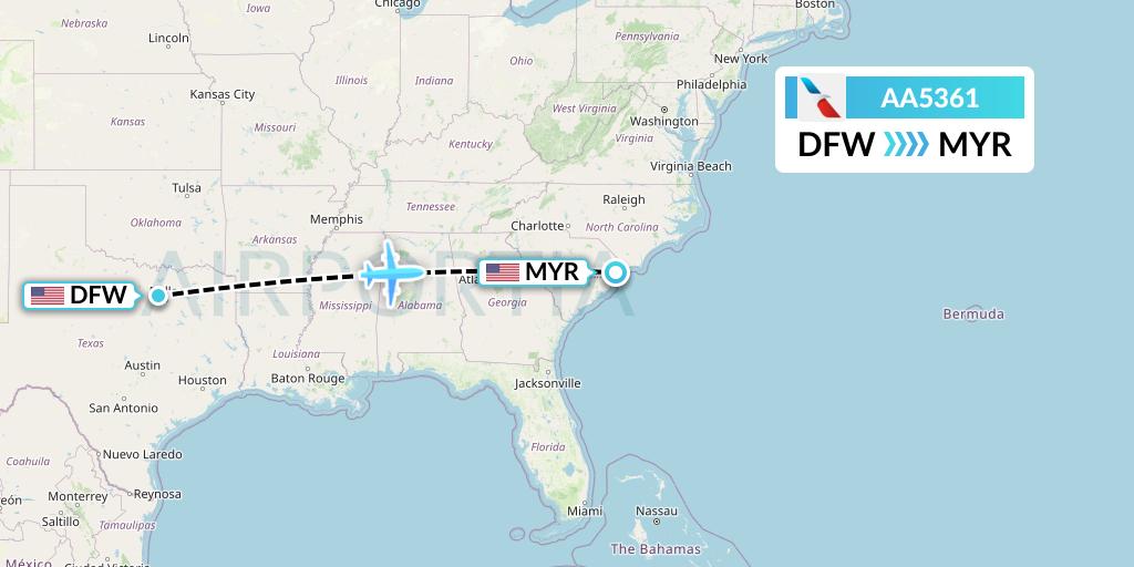 AA5361 American Airlines Flight Map: Dallas to Myrtle Beach