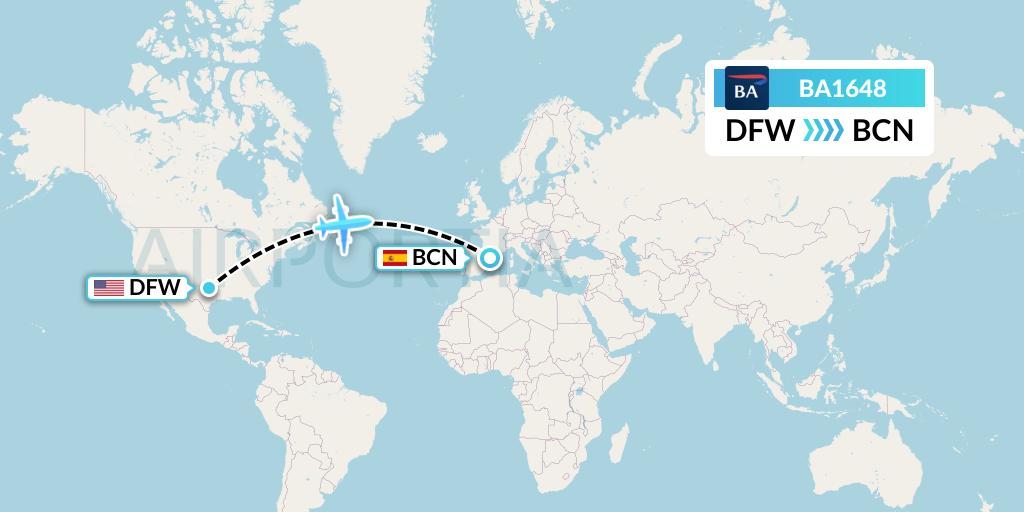 BA1648 British Airways Flight Map: Dallas to Barcelona