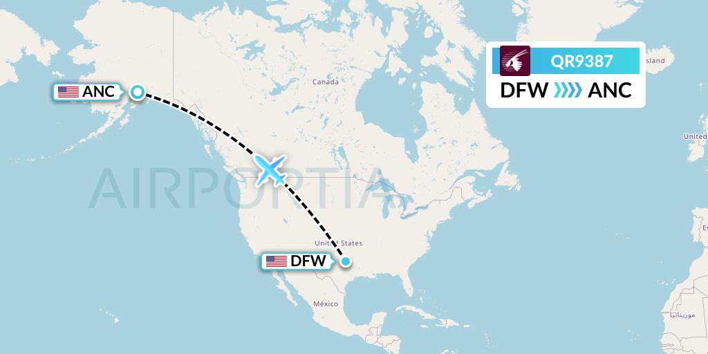 QR9387 Qatar Airways Flight Map: Dallas to Anchorage