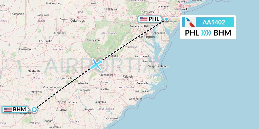 AA5402 American Airlines Flight Map: Philadelphia to Birmingham