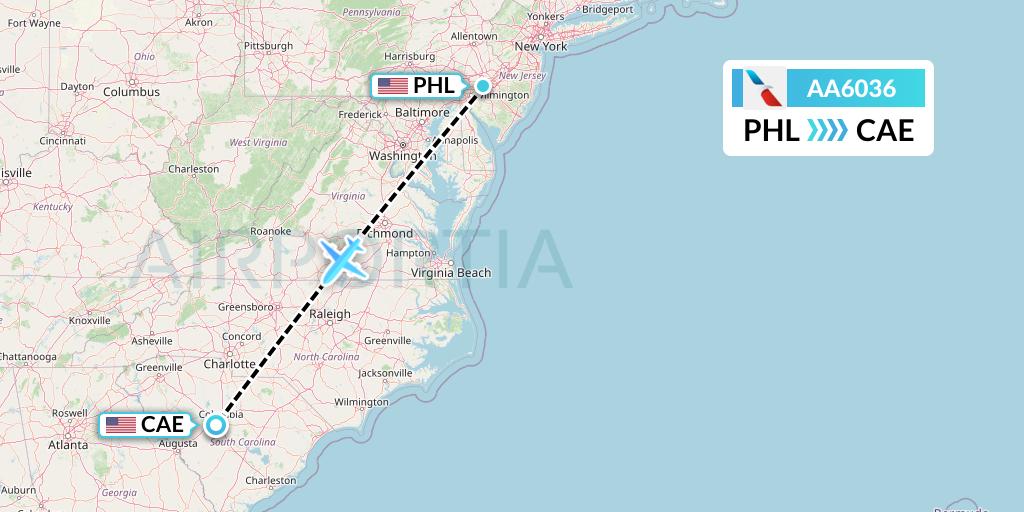 AA6036 American Airlines Flight Map: Philadelphia to Columbia