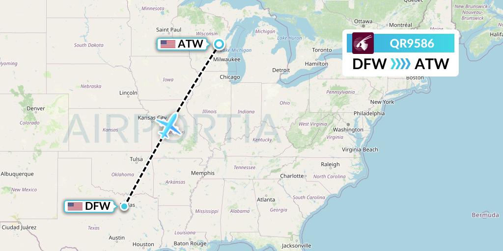 QR9586 Qatar Airways Flight Map: Dallas to Appleton