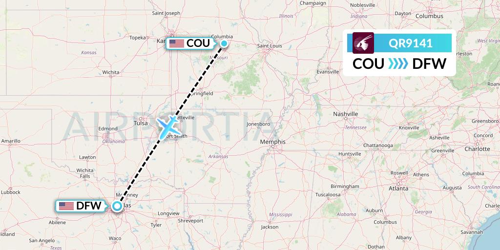 QR9141 Qatar Airways Flight Map: Columbia to Dallas