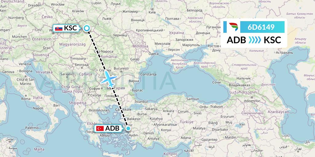 6D6149 Travel Service Slovakia Flight Map: Izmir to Kosice