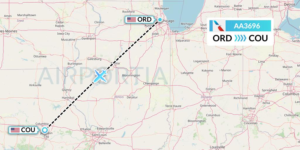 AA3696 American Airlines Flight Map: Chicago to Columbia