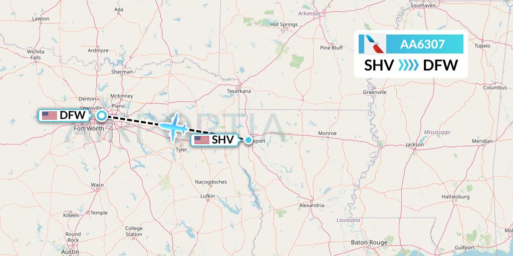 AA6307 American Airlines Flight Map: Shreveport to Dallas