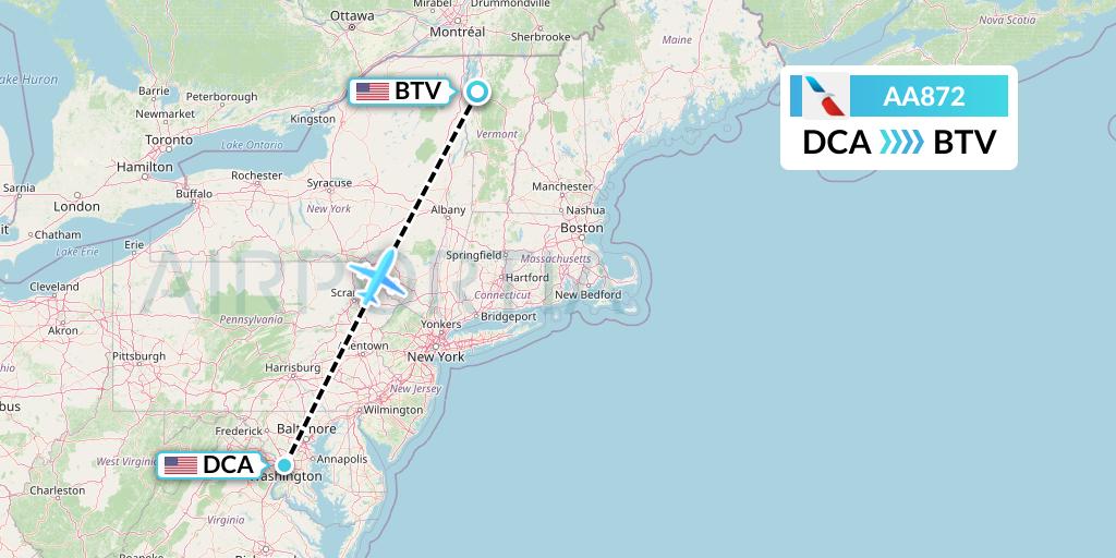 AA872 American Airlines Flight Map: Washington to Burlington