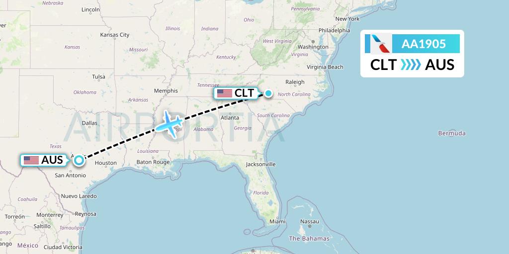 AA1905 American Airlines Flight Map: Charlotte to Austin