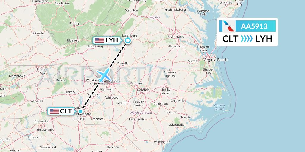 AA5913 American Airlines Flight Map: Charlotte to Lynchburg