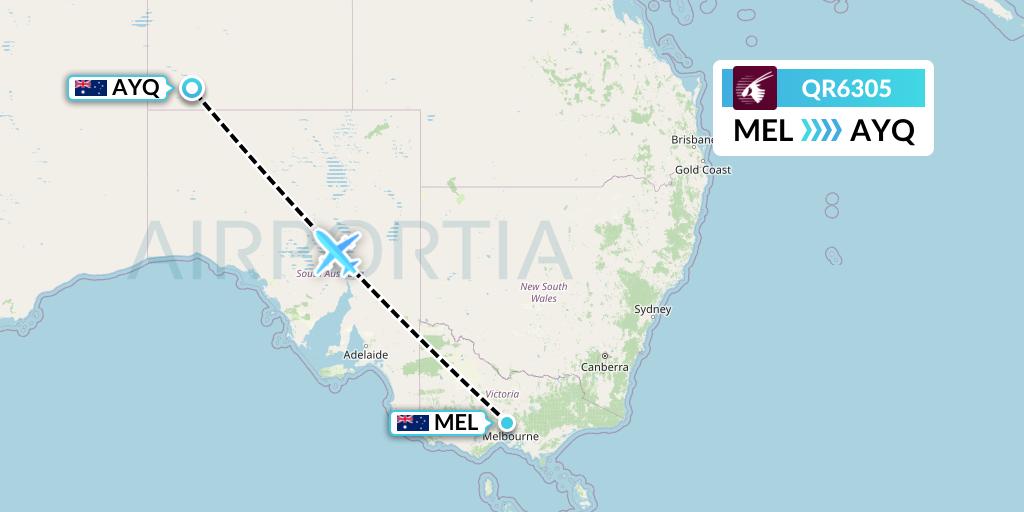 QR6305 Qatar Airways Flight Map: Melbourne to Ayers Rock