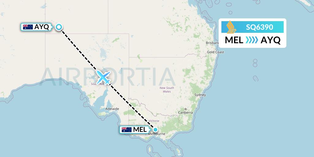 SQ6390 Singapore Airlines Flight Map: Melbourne to Ayers Rock