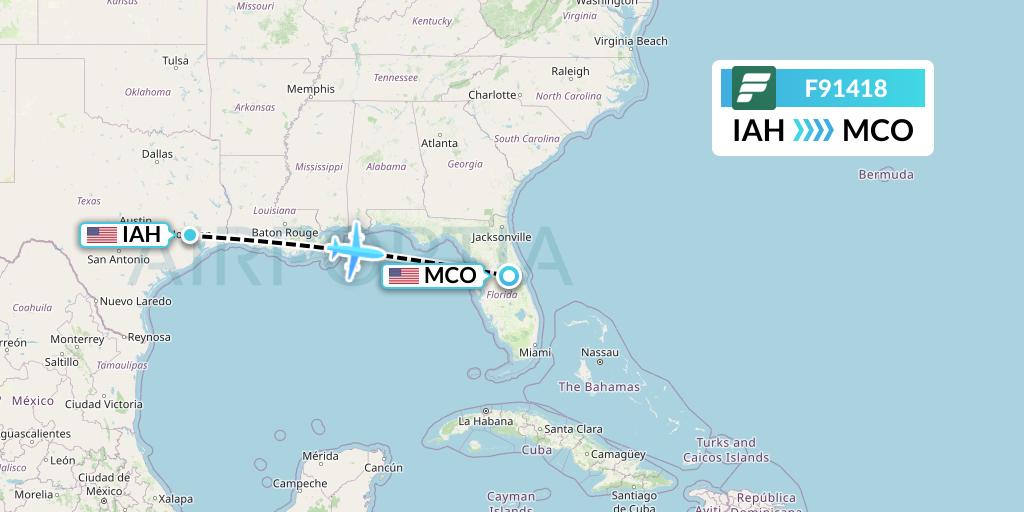 F91418 Frontier Airlines Flight Map: Houston to Orlando