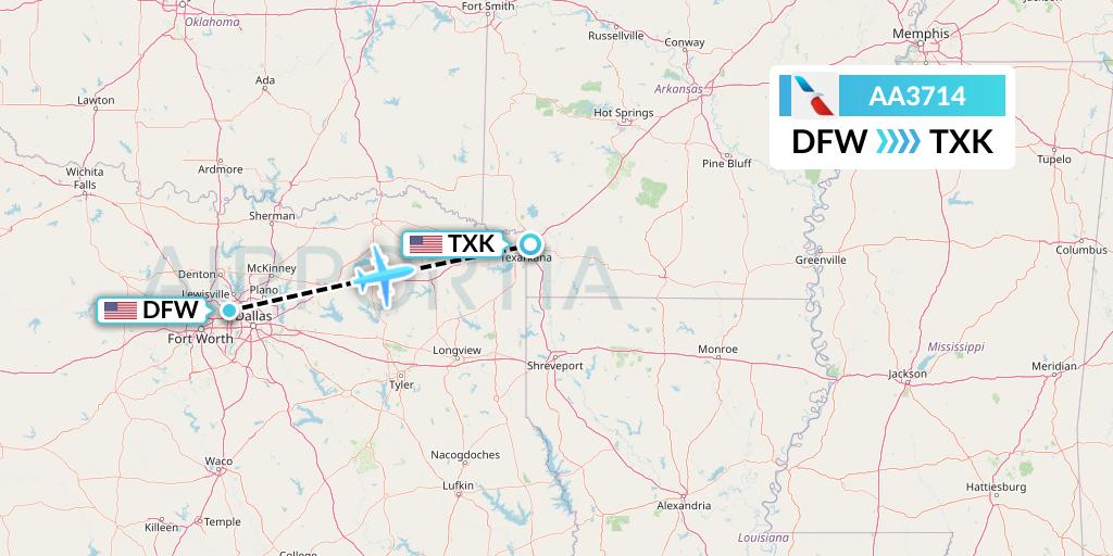 AA3714 American Airlines Flight Map: Dallas to Texarkana