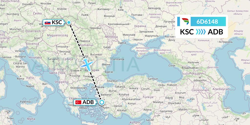 6D6148 Travel Service Slovakia Flight Map: Kosice to Izmir