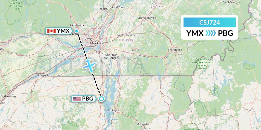 CSJ724 Castle Aviation Flight Map: Montreal to Plattsburgh