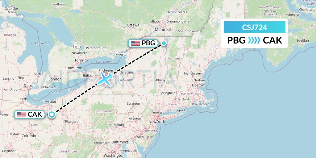 CSJ724 Castle Aviation Flight Map: Plattsburgh to Akron