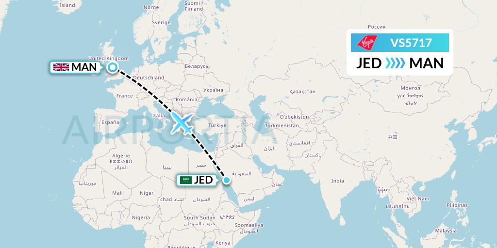 VS5717 Virgin Atlantic Airways Flight Map: Jeddah to Manchester