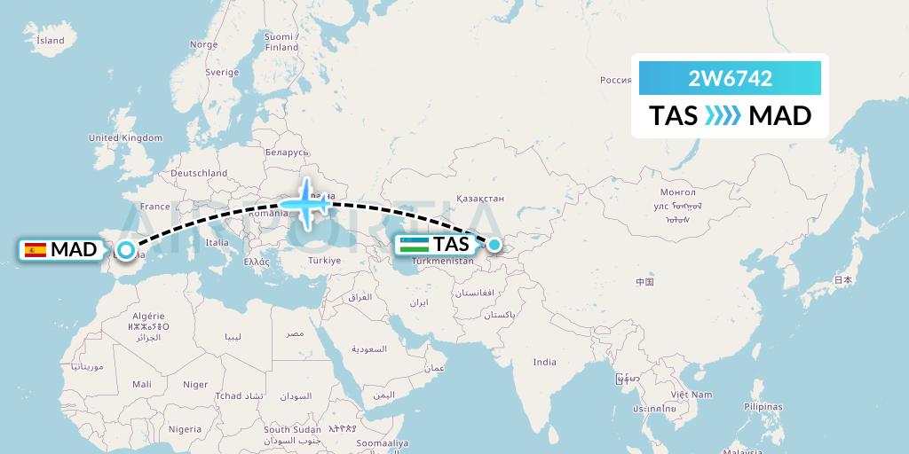 2W6742 World 2 Fly Flight Map: Tashkent to Madrid