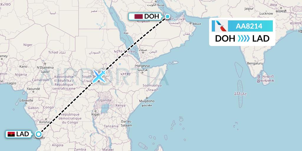 AA8214 American Airlines Flight Map: Doha to Luanda