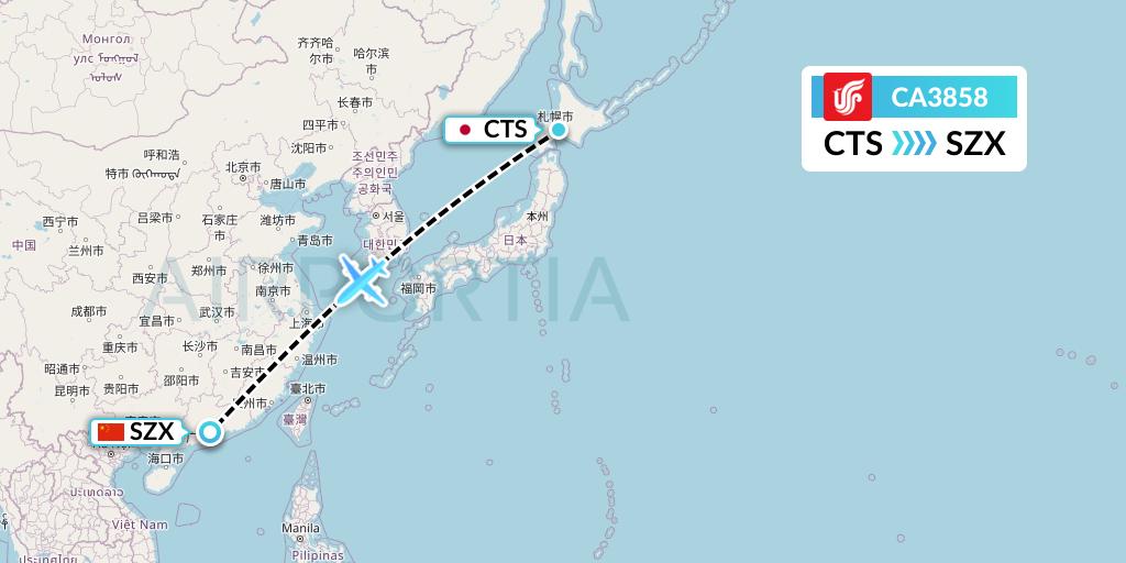 CA3858 Air China Flight Map: Sapporo to Shenzhen
