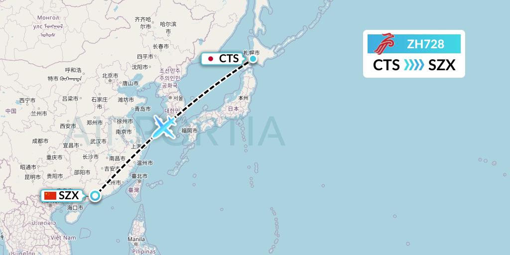 ZH728 Shenzhen Airlines Flight Map: Sapporo to Shenzhen