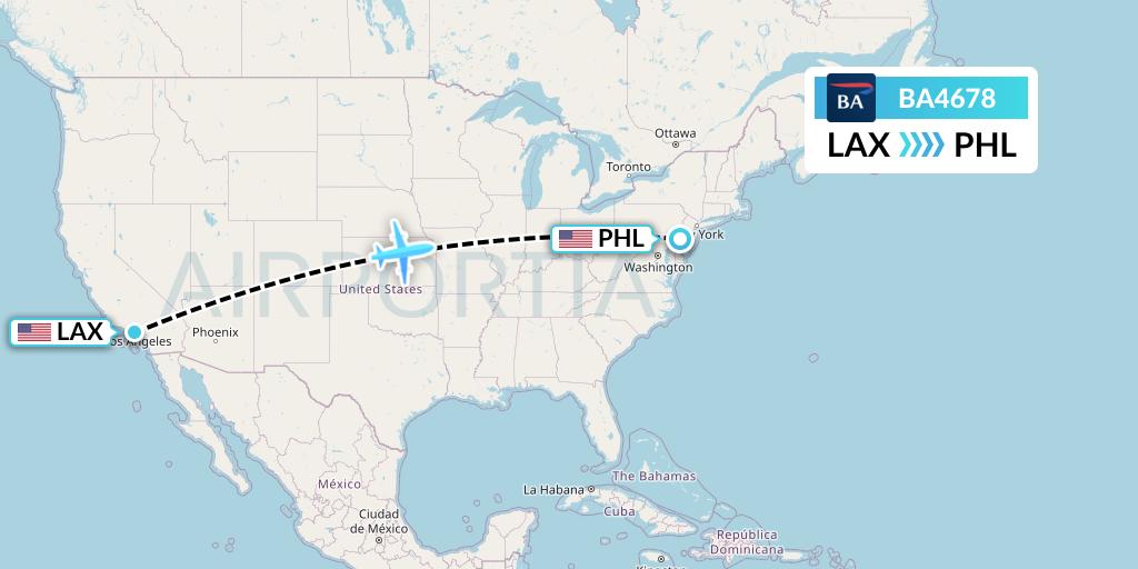 BA4678 British Airways Flight Map: Los Angeles to Philadelphia