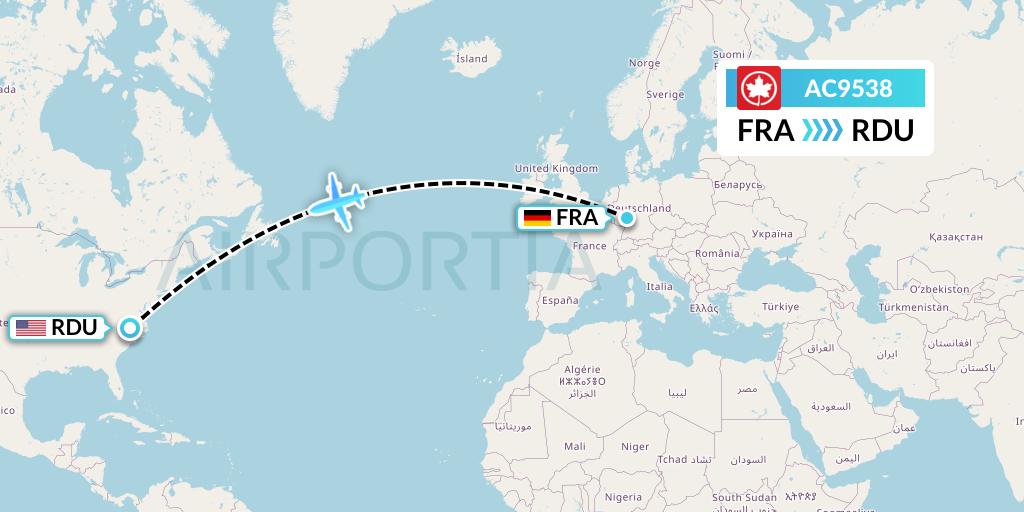 AC9538 Air Canada Flight Map: Frankfurt to Raleigh-Durham