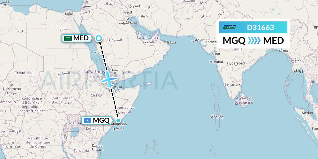 D31663 Daallo Airlines Flight Map: Mogadishu to Medina