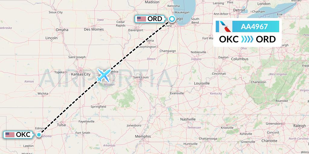 AA4967 American Airlines Flight Map: Oklahoma City to Chicago