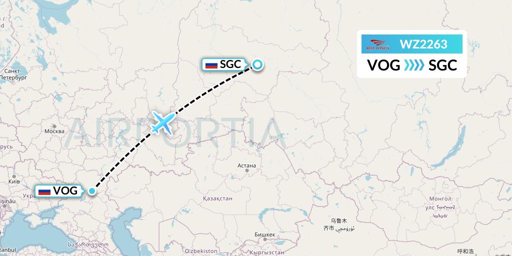 WZ2263 Red Wings Flight Map: Volgograd to Surgut
