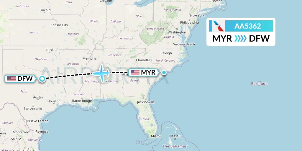 AA5362 American Airlines Flight Map: Myrtle Beach to Dallas