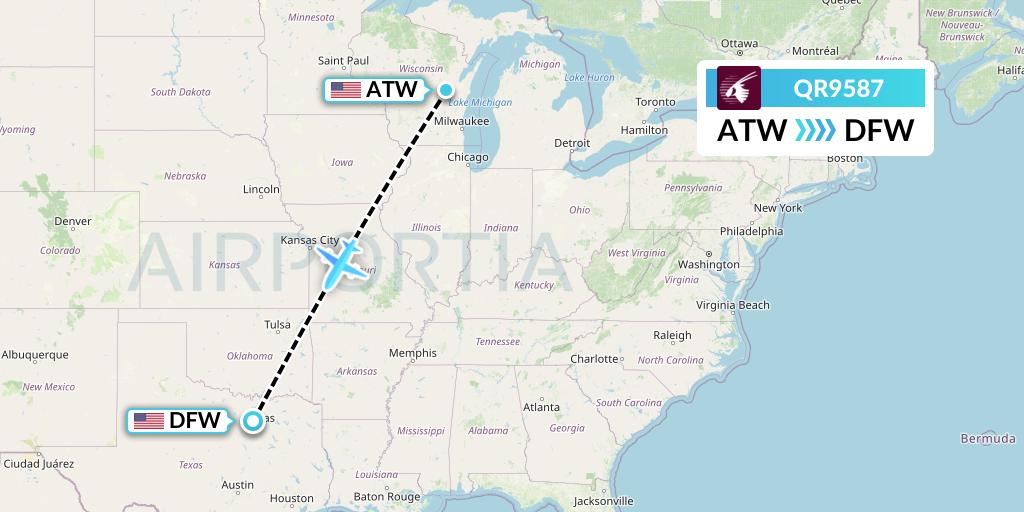QR9587 Qatar Airways Flight Map: Appleton to Dallas