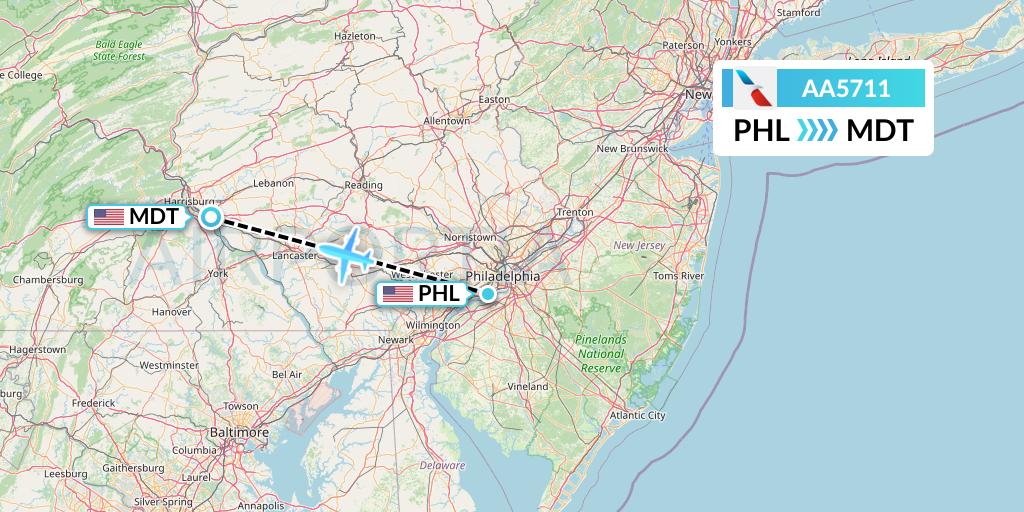 AA5711 American Airlines Flight Map: Philadelphia to Harrisburg