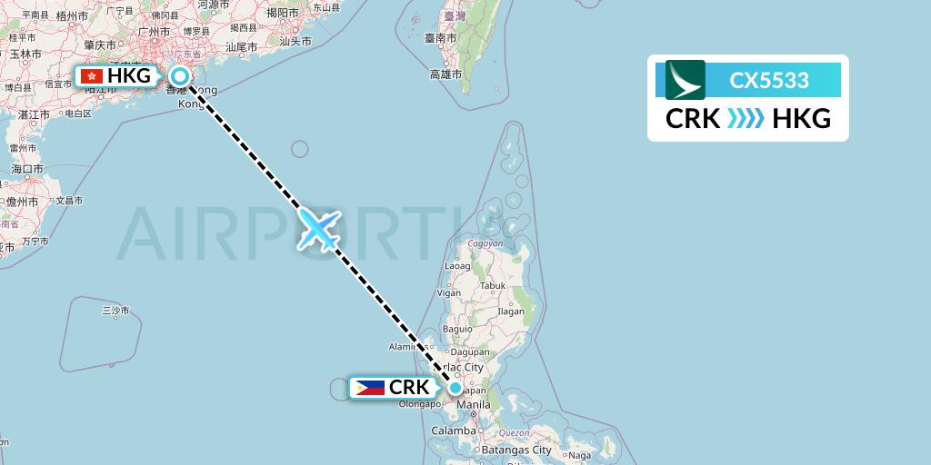 CX5533 Cathay Pacific Flight Map: Angeles City to Hong Kong