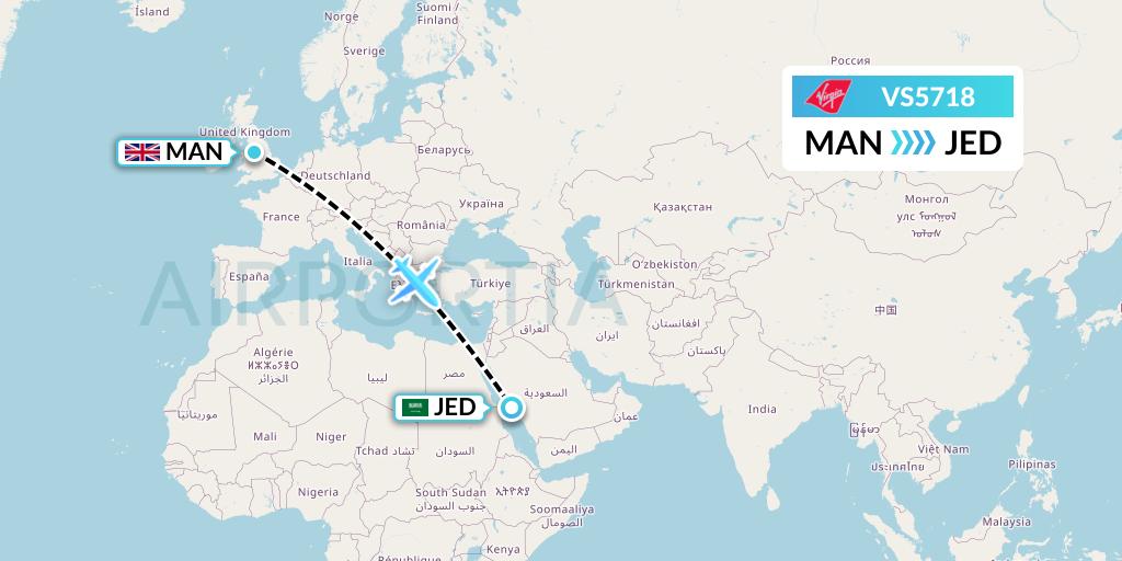 VS5718 Virgin Atlantic Airways Flight Map: Manchester to Jeddah