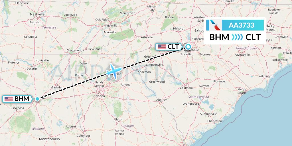 AA3733 American Airlines Flight Map: Birmingham to Charlotte