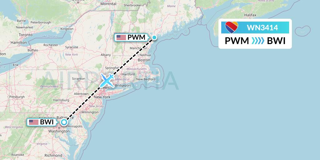 WN3414 Southwest Airlines Flight Map: Portland to Baltimore