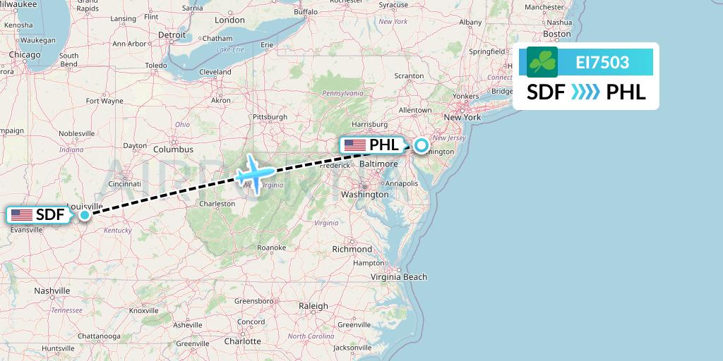 EI7503 Aer Lingus Flight Map: Louisville to Philadelphia