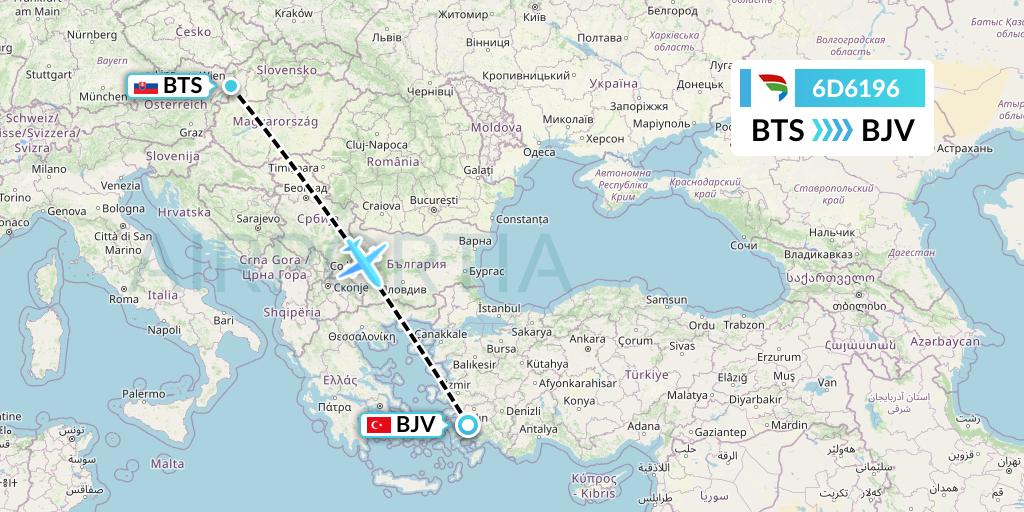 6D6196 Travel Service Slovakia Flight Map: Bratislava to Bodrum