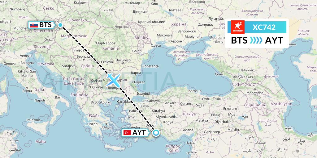 XC742 Corendon Airlines Flight Map: Bratislava to Antalya