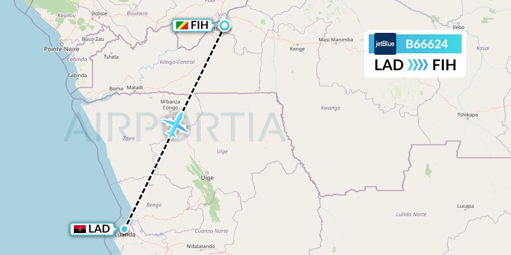 B66624 JetBlue Airways Flight Map: Luanda to Kinshasa