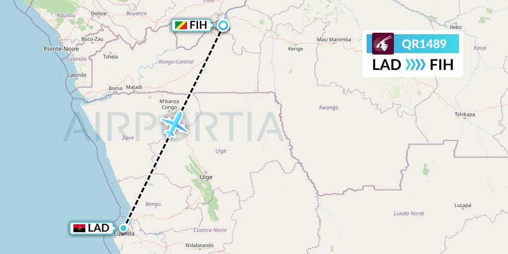 QR1489 Qatar Airways Flight Map: Luanda to Kinshasa