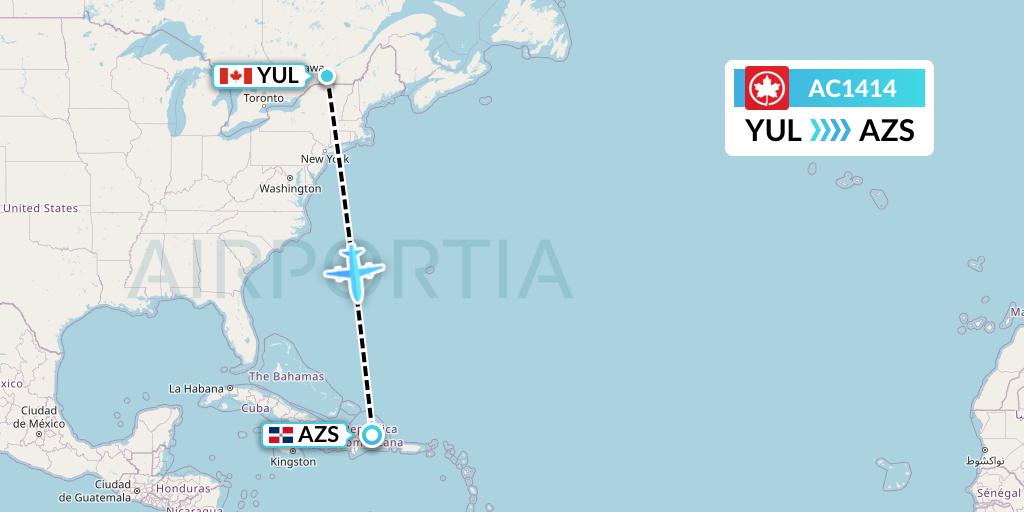 AC1414 Air Canada Flight Map: Montreal to Samana