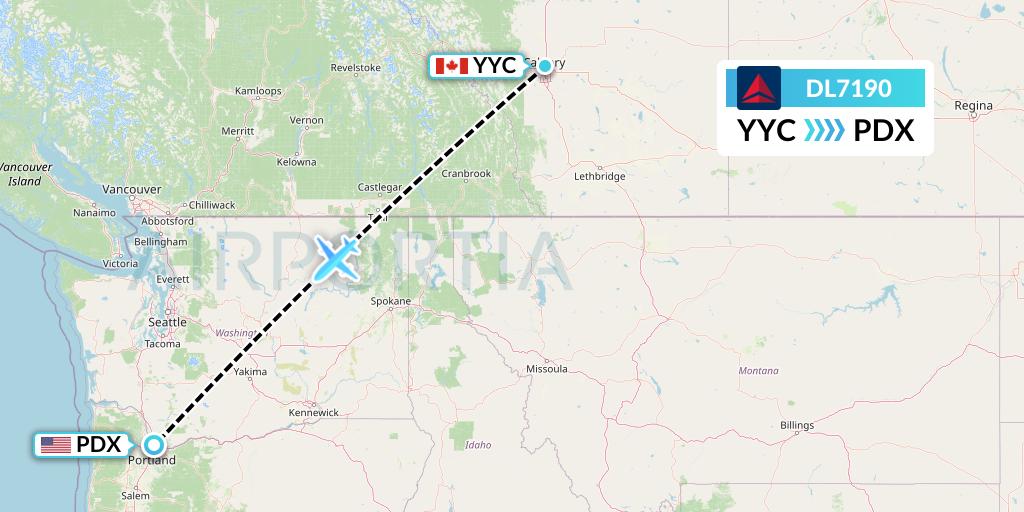 DL7190 Delta Air Lines Flight Map: Calgary to Portland