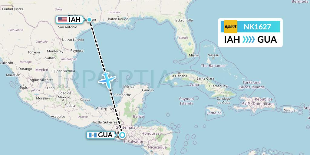 NK1627 Spirit Airlines Flight Map: Houston to Guatemala City