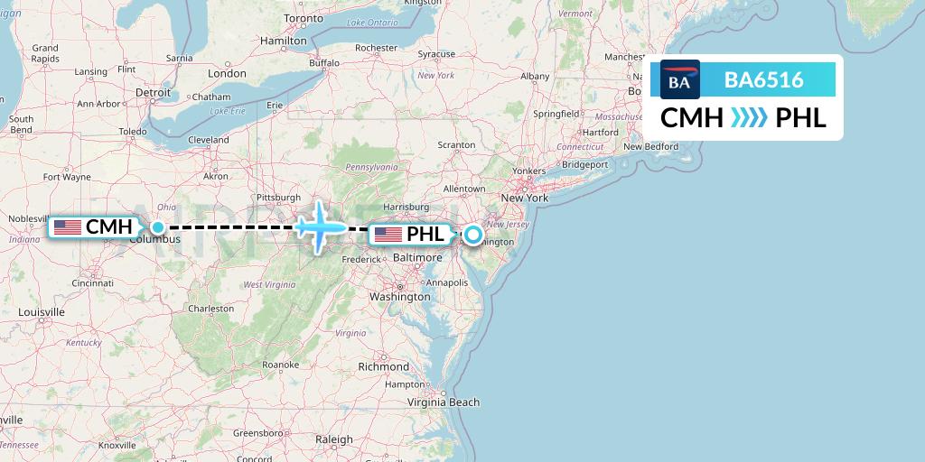 BA6516 British Airways Flight Map: Columbus to Philadelphia