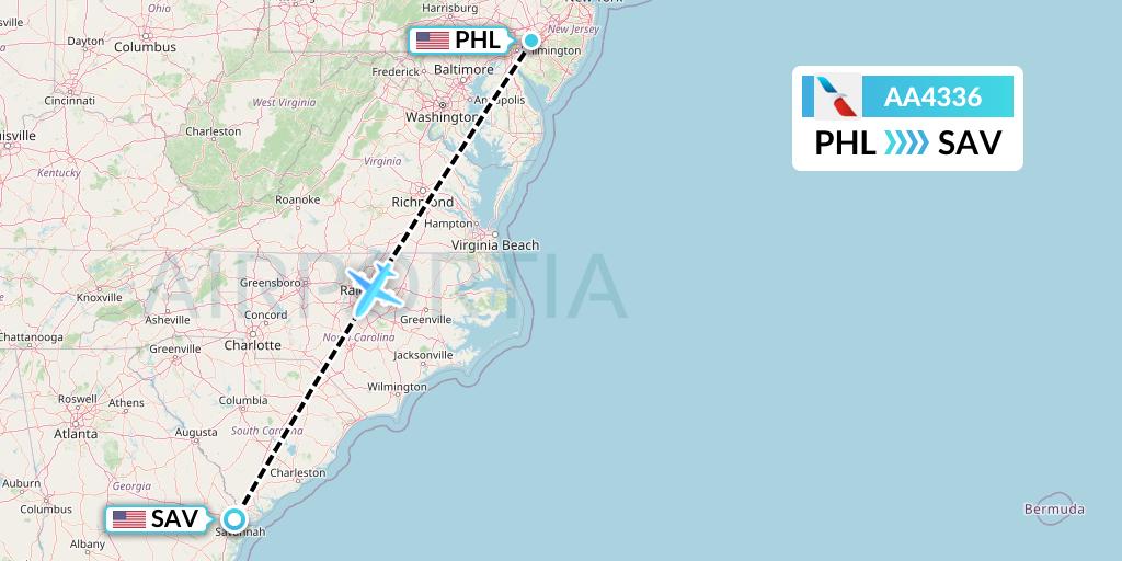 AA4336 American Airlines Flight Map: Philadelphia to Savannah