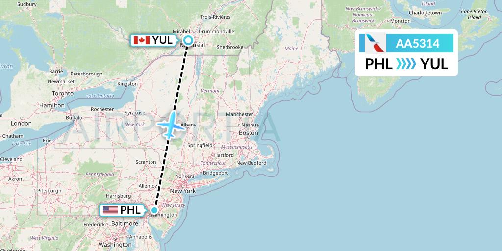 AA5314 American Airlines Flight Map: Philadelphia to Montreal