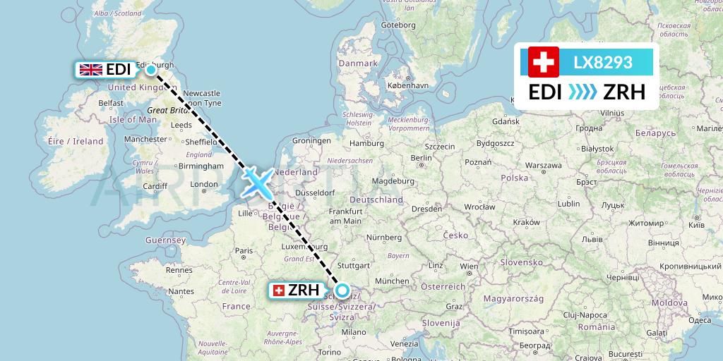 LX8293 Swiss Flight Map: Edinburgh to Zurich